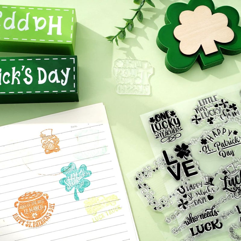 Whaline 5 Sheet St. Patrick's Day Clear Stamps Wreath Shamrock Lucky Words Silicone Transparent Stamps Border Stamp Cards for Irish DIY Crafts Card Making Scrapbooking Embossing Album Decor - Image 5